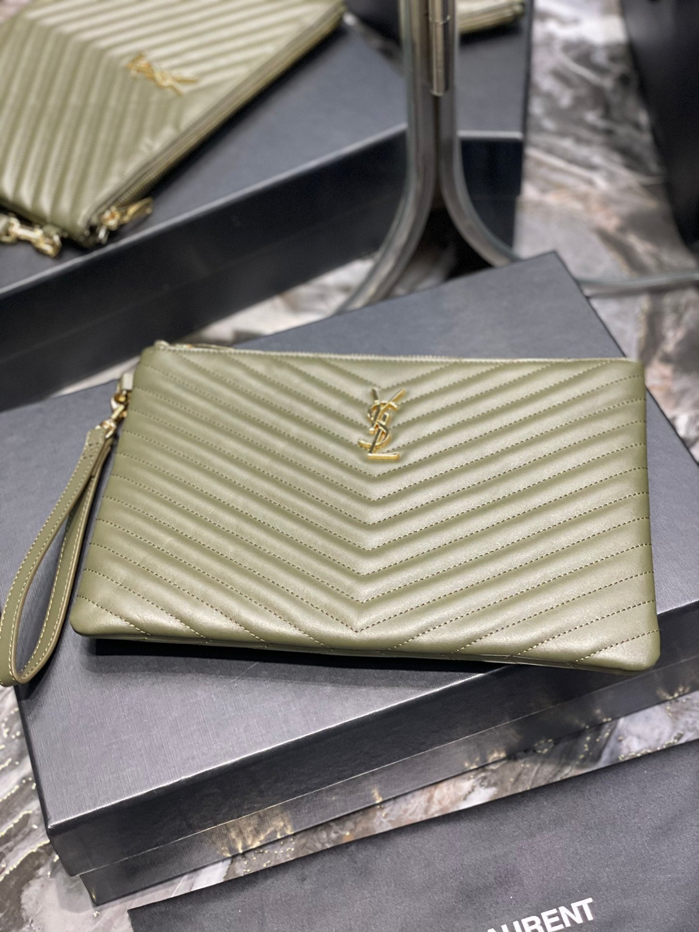 YSL_提花拼接文件手拿包-綠色金扣-30cm