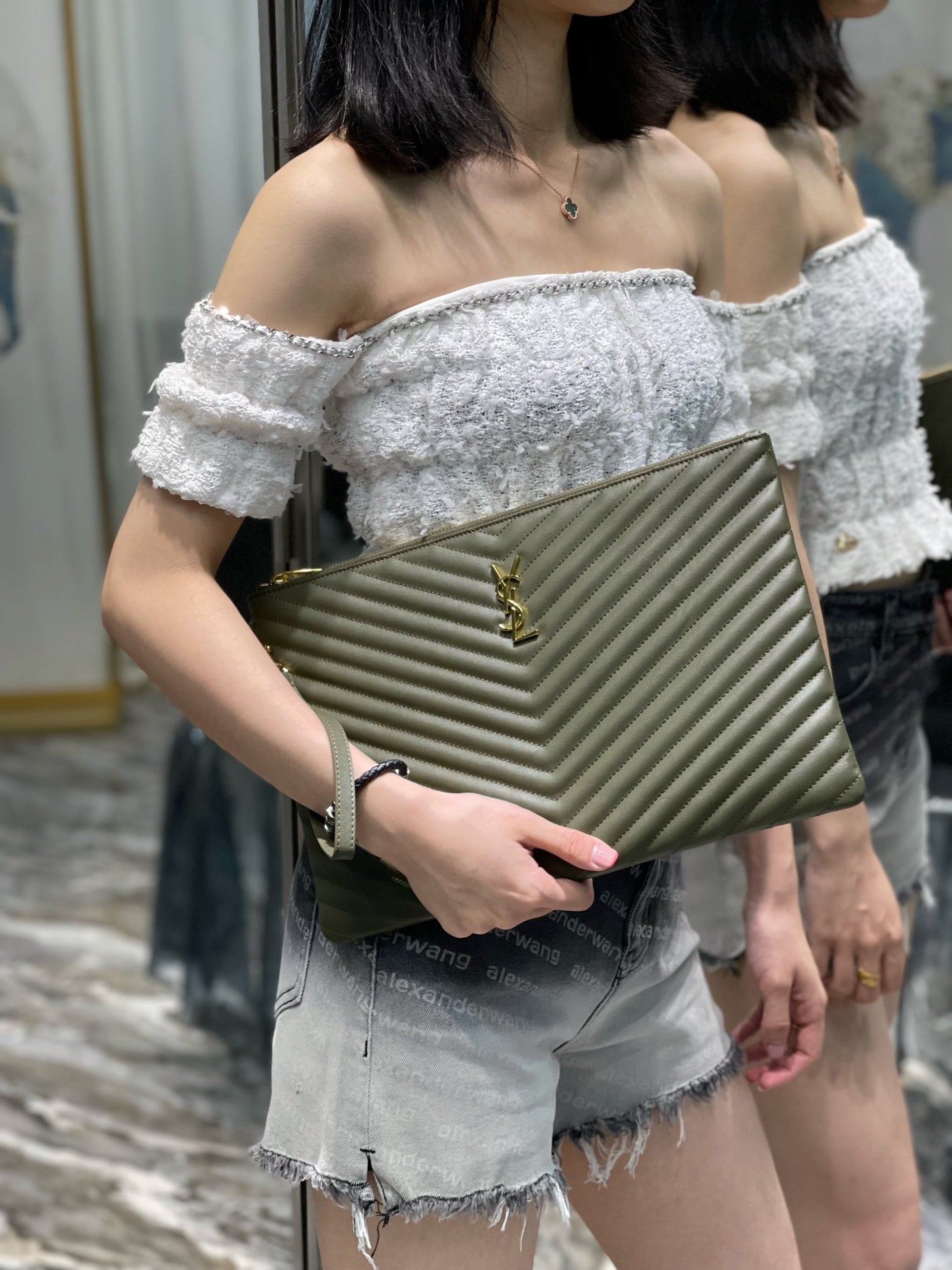 YSL 提花拼接文件手拿包-綠色金扣-36cm