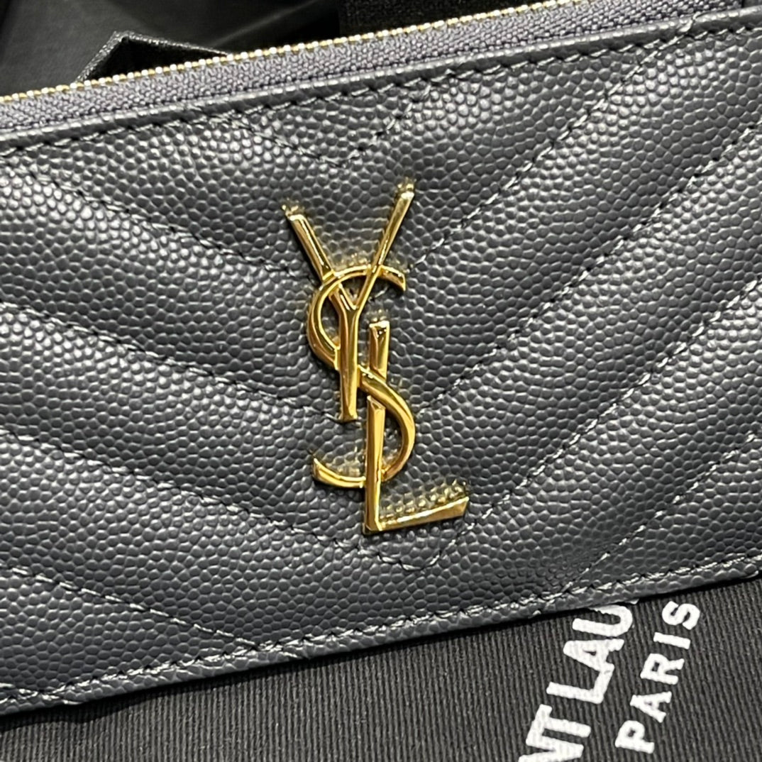 YSL 新品卡包-藍灰色金扣