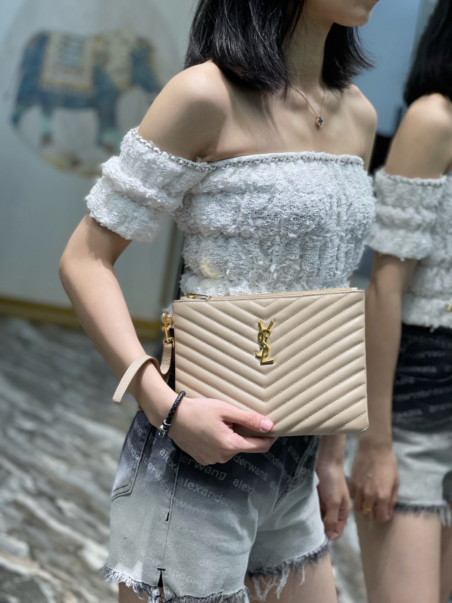 YSL 提花拼接文件手拿包-杏色金扣-24cm