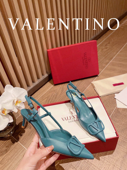 范倫V-V字皮扣後空跟鞋 藍色