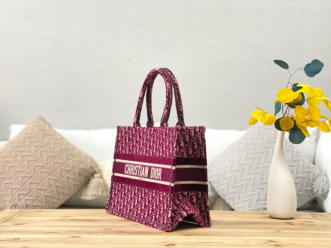 Dior Book Tote-小號36.5cm-紅色老花+天鵝絨
