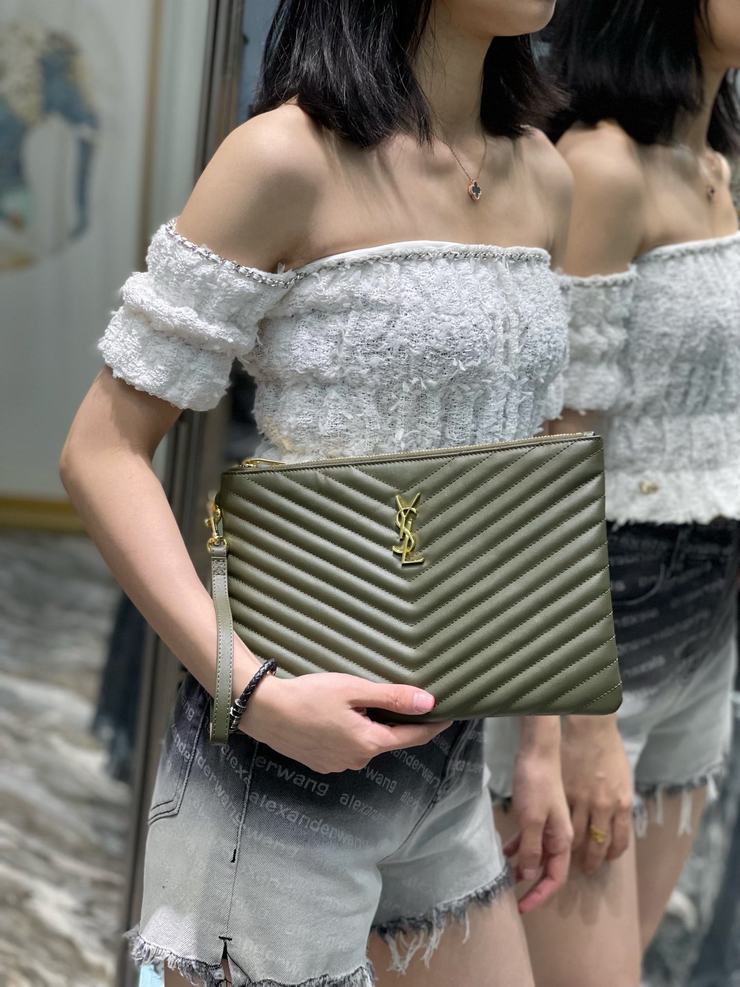 YSL_提花拼接文件手拿包-綠色金扣-30cm