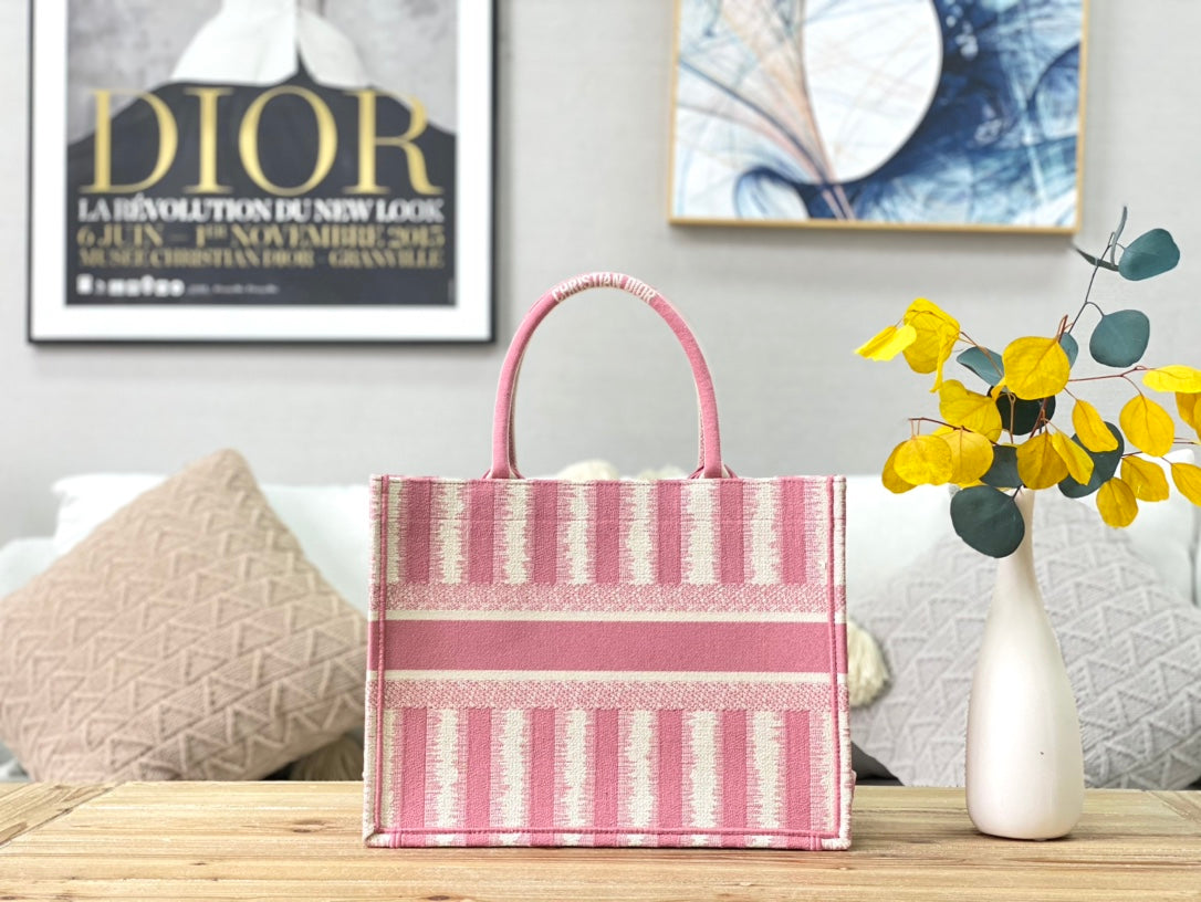 Dior Book Tote-小號36.5cm-粉色條紋