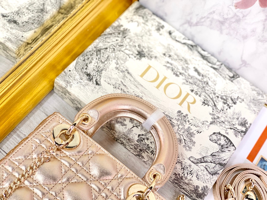 Dior-Mini Lady Dior手袋-三格黛妃-17cm-珠光金金扣
