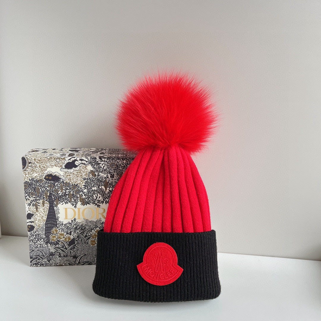 Moncler-狐狸毛球毛帽 紅色