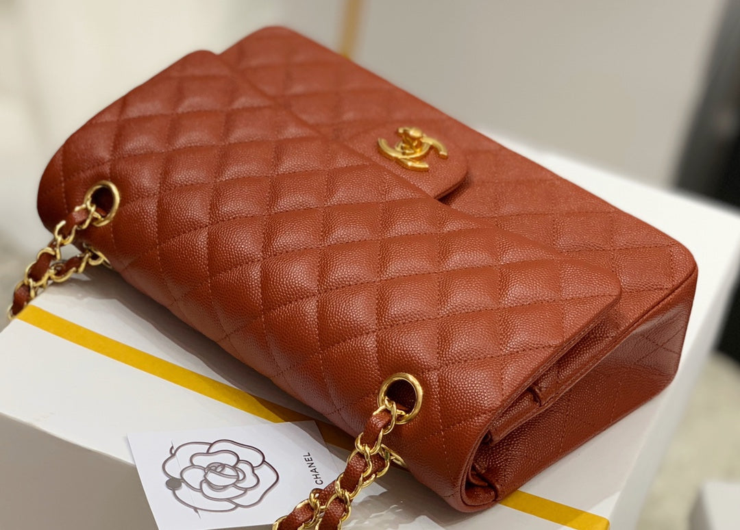小香家-小球紋牛皮 CF包 棕色金扣 25cm