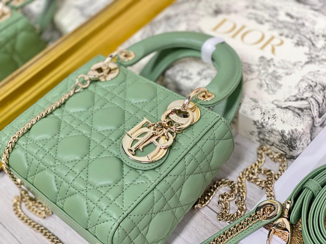 Dior-Mini Lady Dior手袋-三格黛妃-17cm-牛油果綠金扣