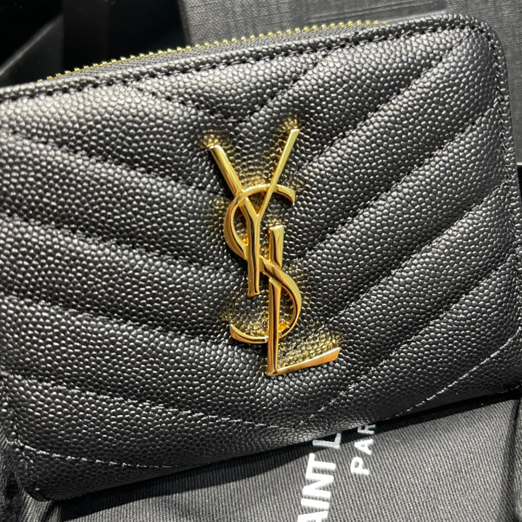 YSL 拉鍊短夾 黑色金扣