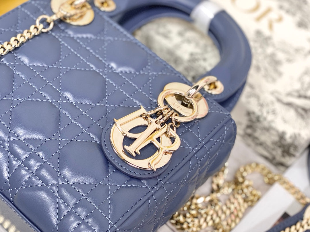 Dior-Mini Lady Dior手袋-三格黛妃-17cm-深藍丹寧金扣