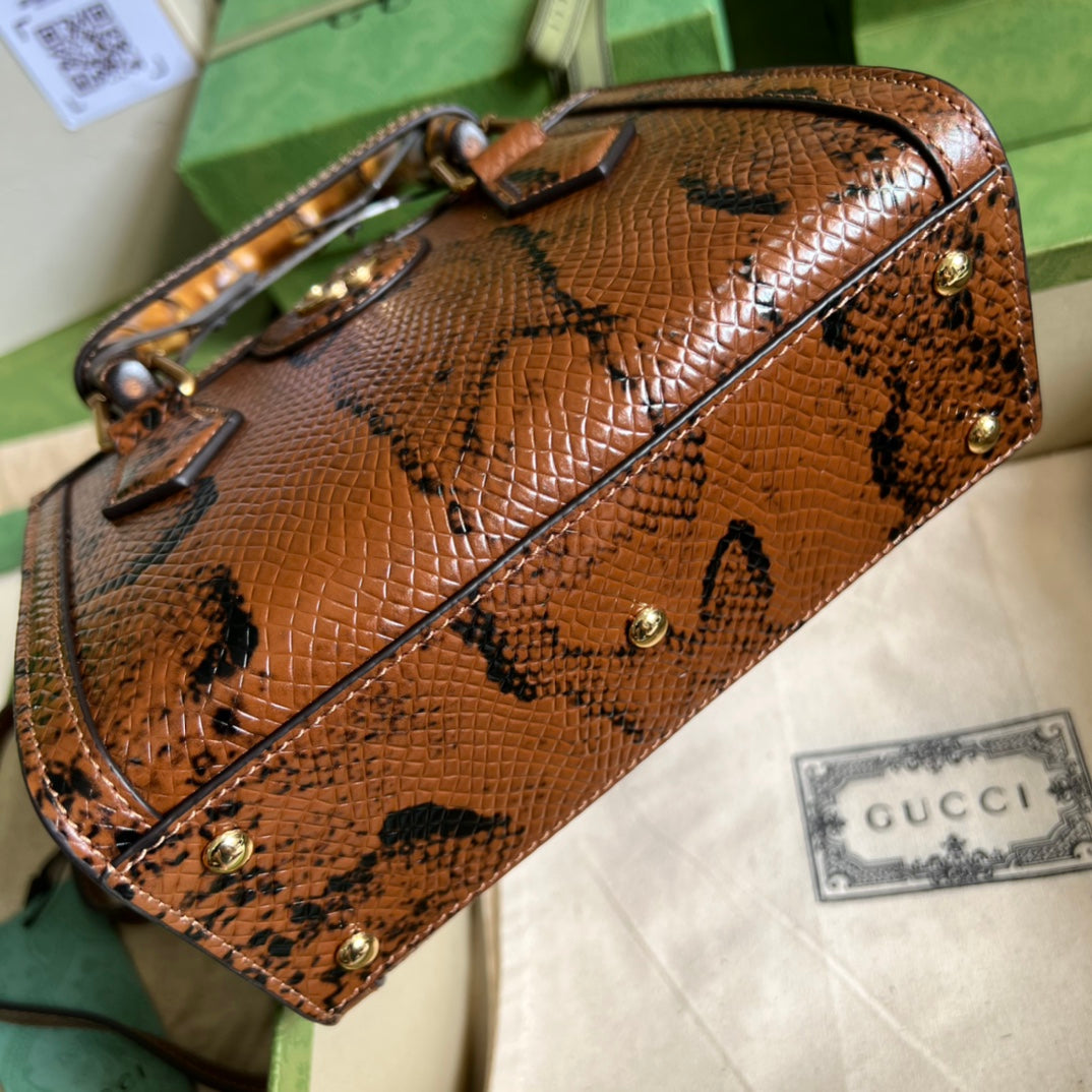 古G家-竹節包 手提包 20x16x10cm 棕色蛇紋全皮