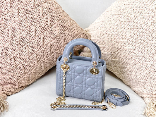 Dior-Mini Lady Dior手袋-三格黛妃-17cm-天藍珐瑯扣