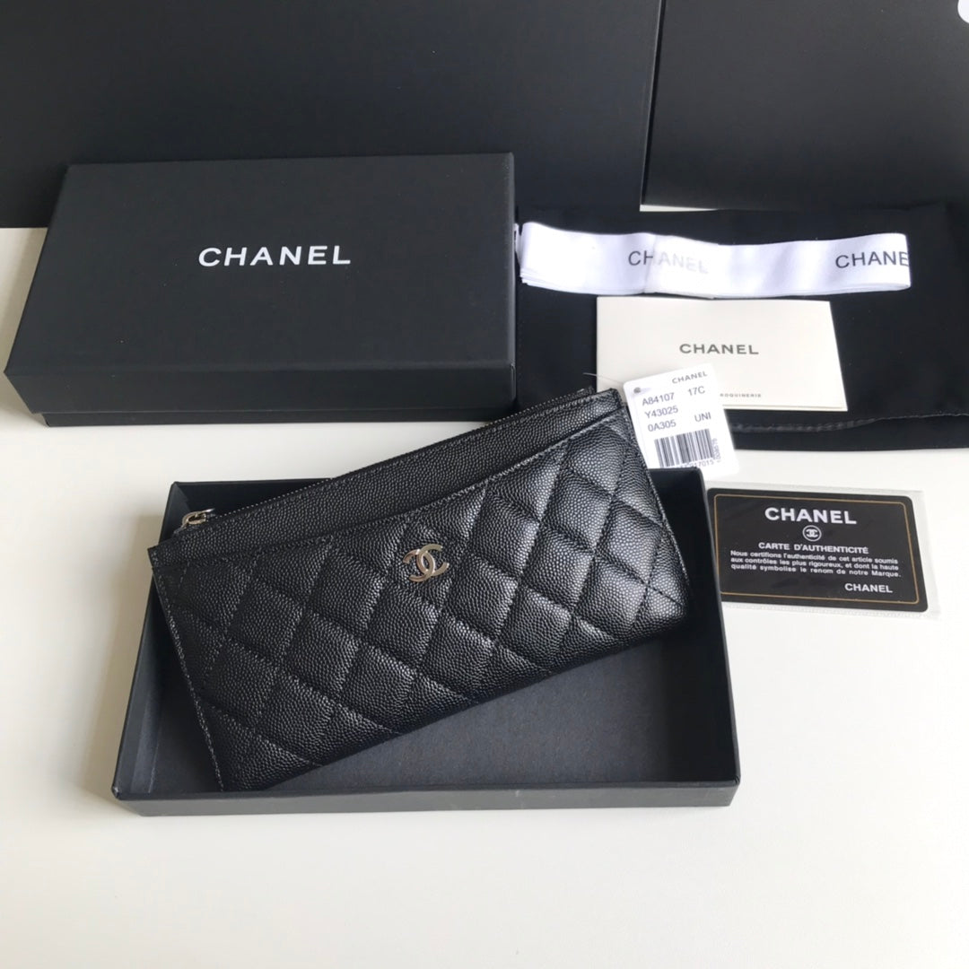Chanel 拉鍊長夾卡包-扁長夾-黑色荔枝皮銀扣