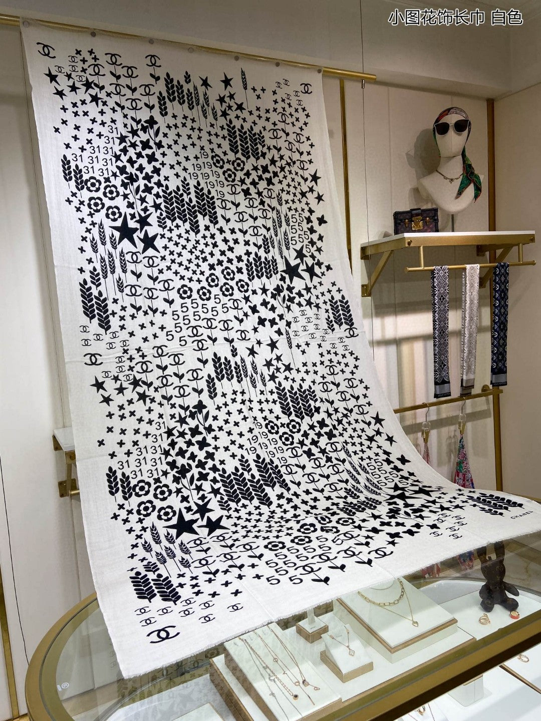 小香家-小圖花飾長圍巾 110*200cm 100%頂級羊絨 白色