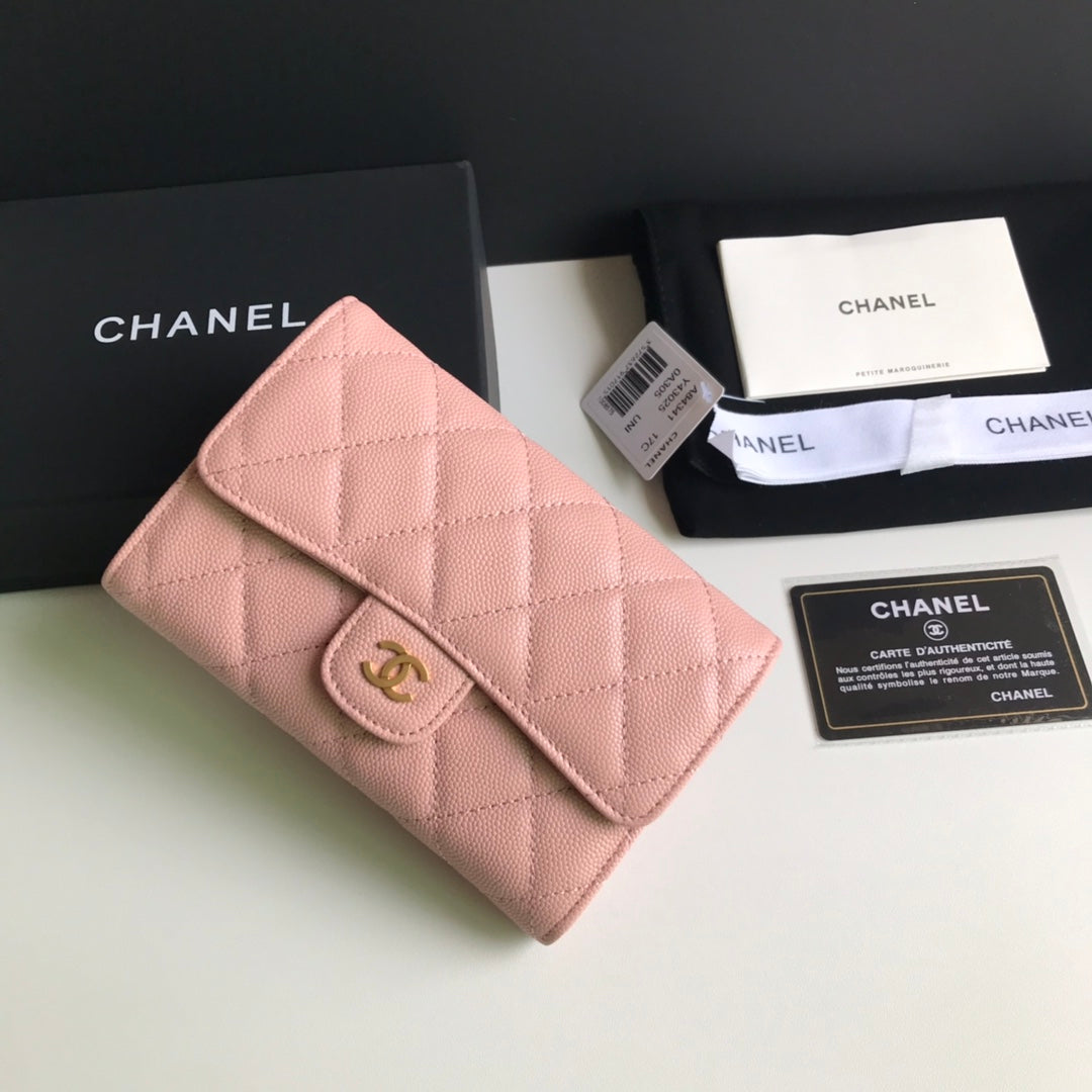 Chanel CF 三折中夾-櫻花粉荔枝皮金釦