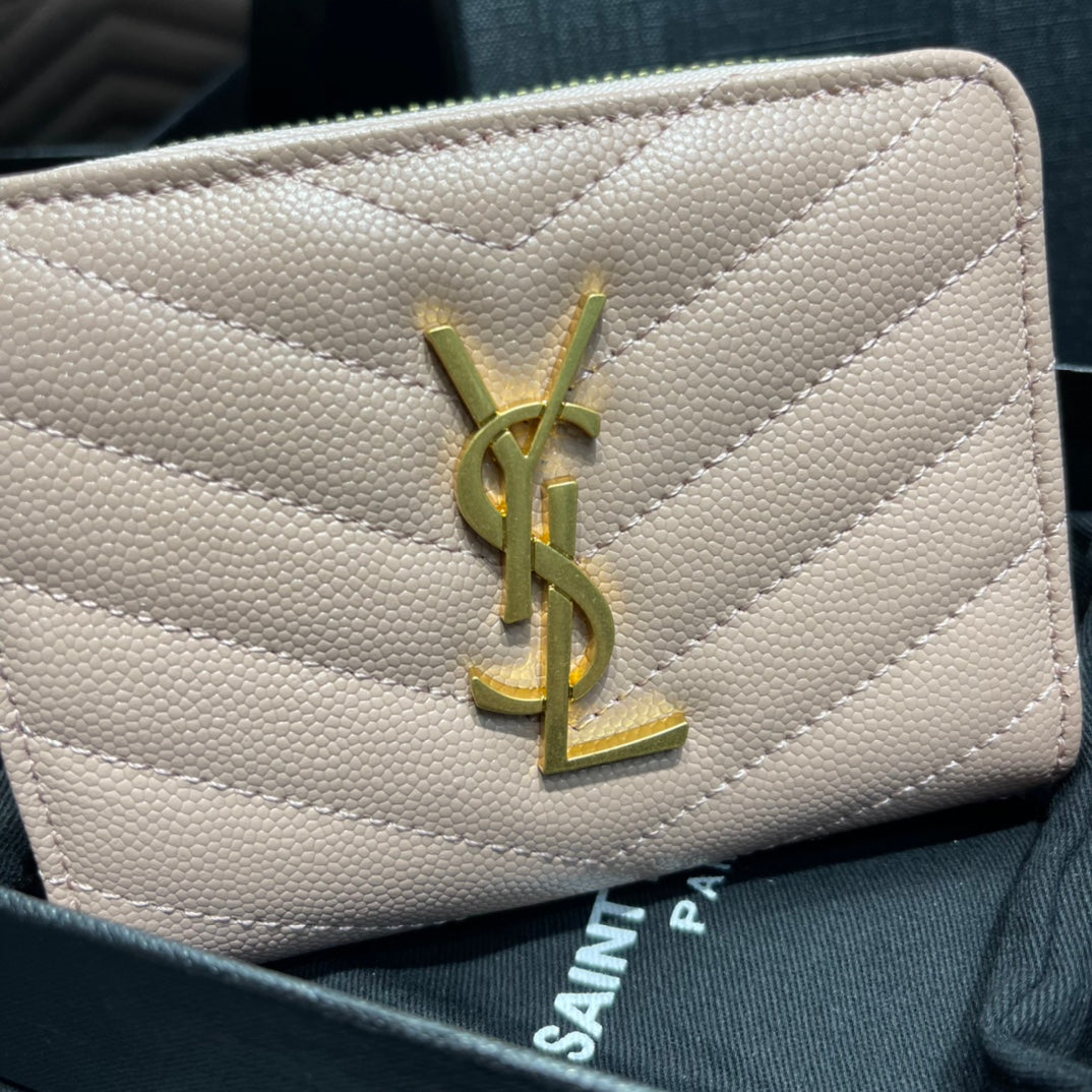 YSL 拉鍊短夾-粉色金扣