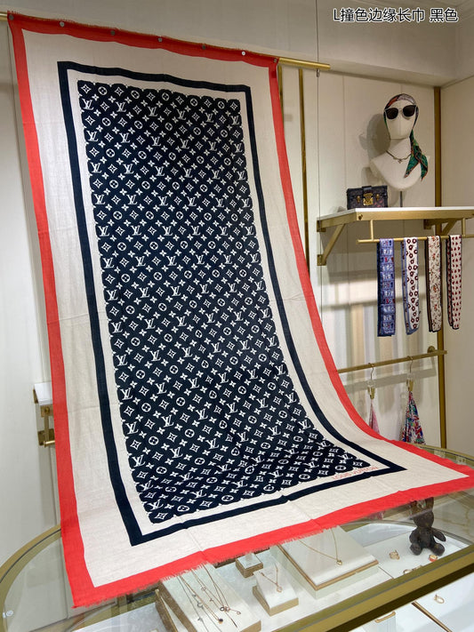 路L家-撞色邊緣長圍巾 110*200cm 100%羊絨 藍色