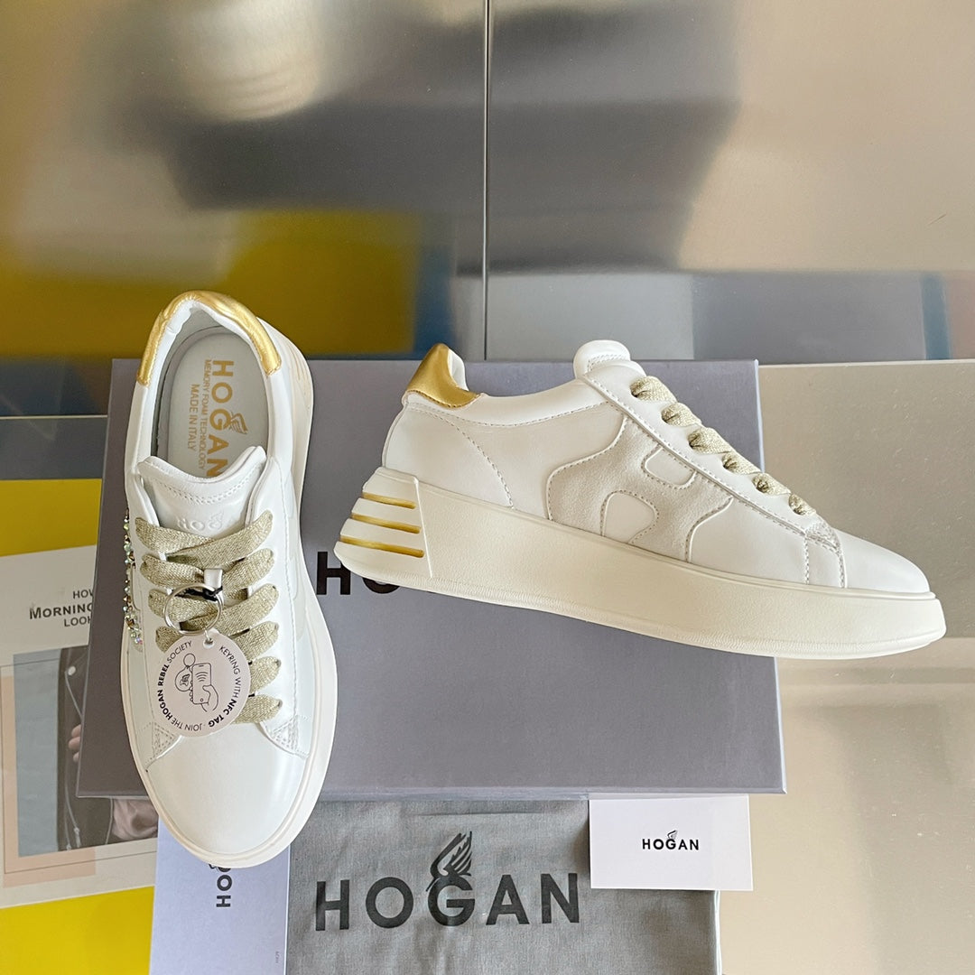Hogan-2022早春新款 厚底休閒鞋 白色金尾