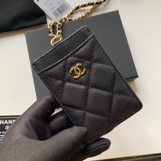 Chanel 證件套-黑色荔枝皮金釦