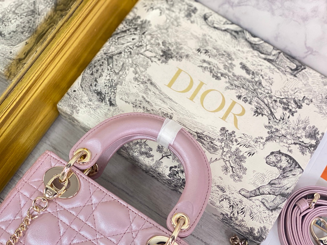 Dior-Mini Lady Dior手袋-三格黛妃-17cm-珠光粉金扣