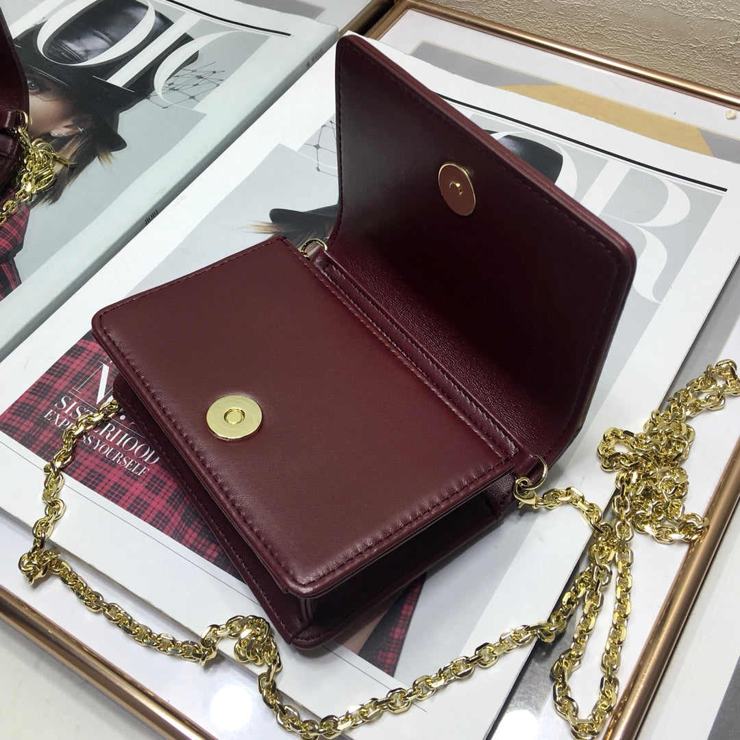 Dior Lady Dior Nano 鏈條卡包／腰包-酒紅色
