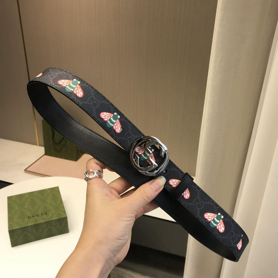 古G家-黑色印花皮帶-3.0cm