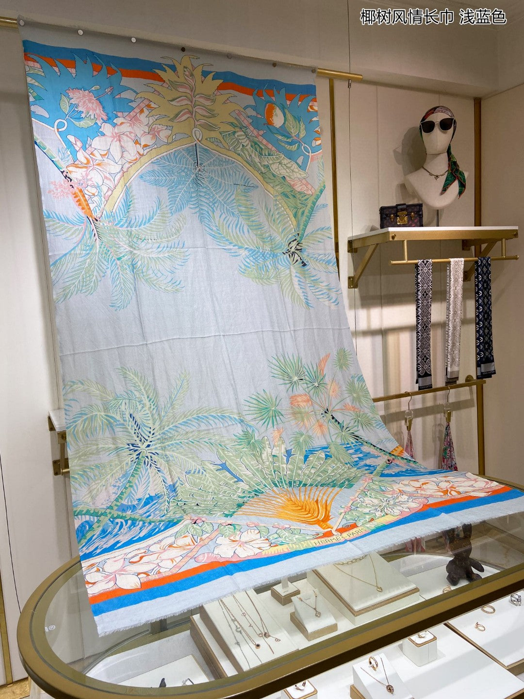 小愛款-椰樹風情長圍巾 110*200cm 100%頂極羊絨 藍色