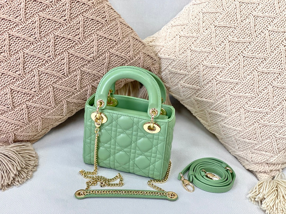 Dior-Mini Lady Dior手袋-三格黛妃-17cm-薄荷綠珐瑯扣
