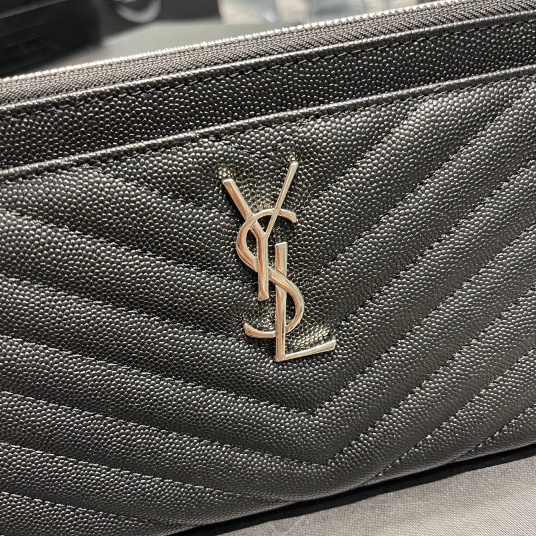 YSL 拉鍊手拿包 扁長夾 黑色銀扣