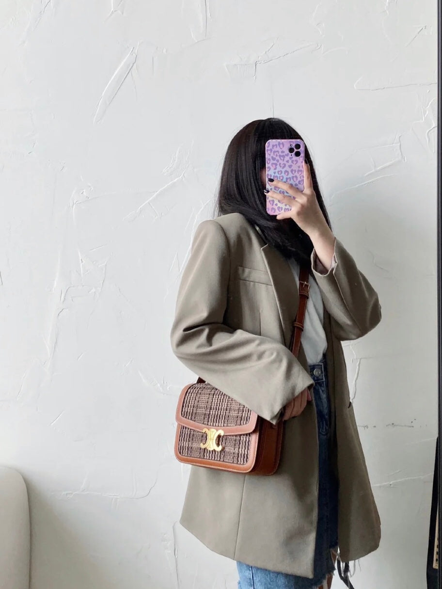 Celine Triomphe 中號人造革和牛皮革手袋-黃棕千鳥格