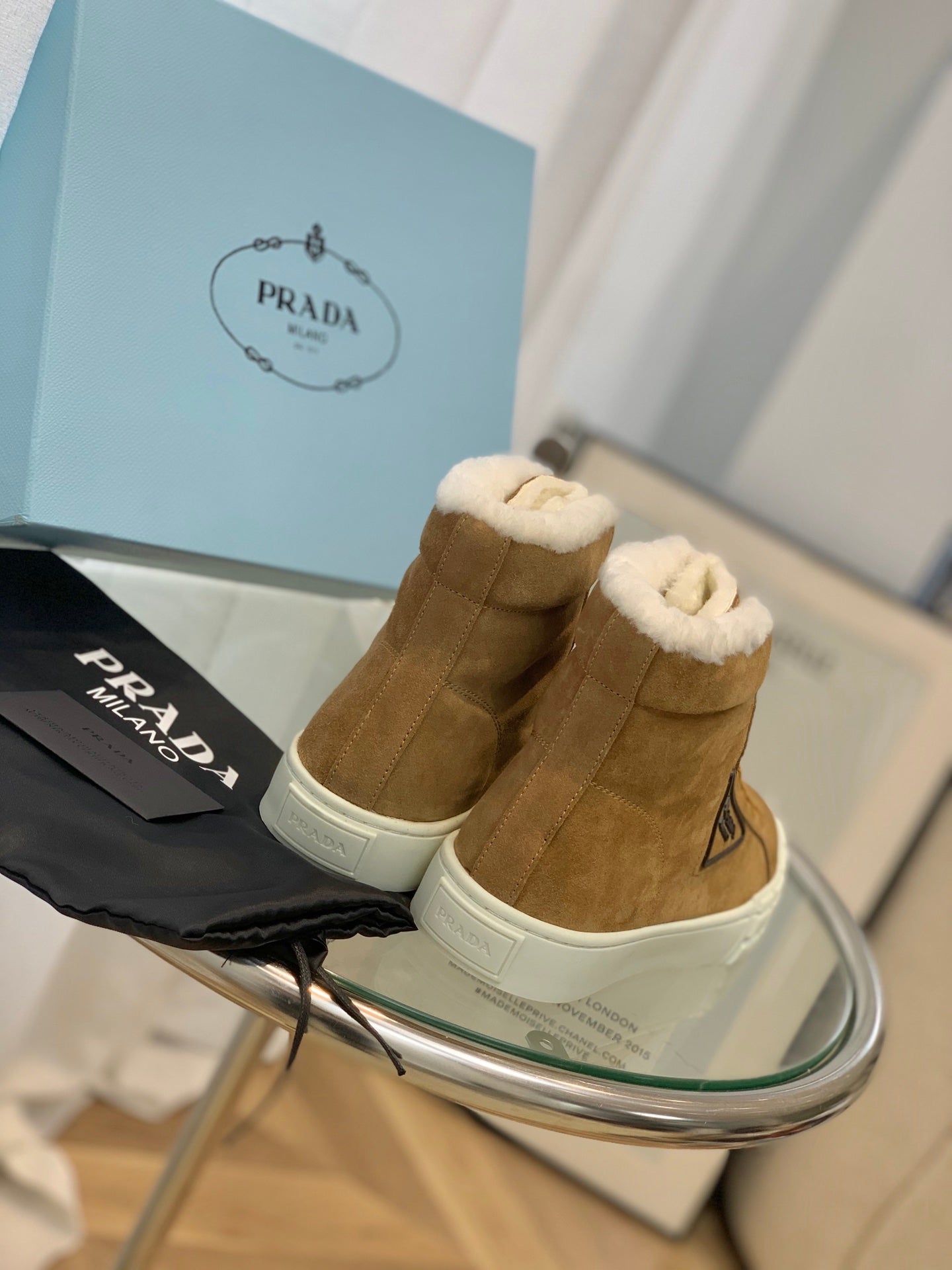 Prada鞋-Prada 厚底 毛毛 高筒 餅乾鞋（咖）