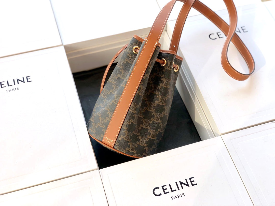 Celine TRIOMPHE帆布小號抽繩包-黃棕老花