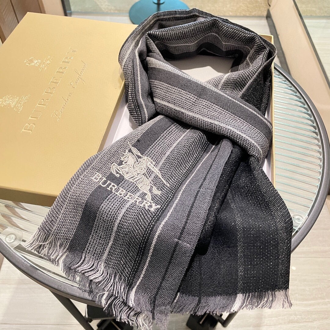 巴B家-條紋戰馬圍巾 32*180cm 羊絨 灰色