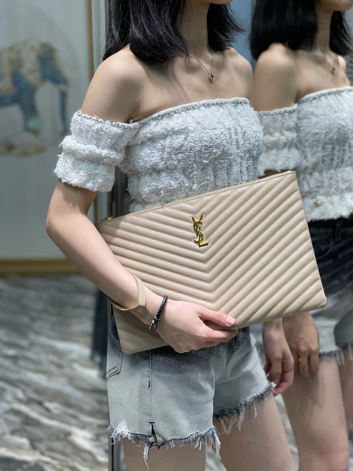 YSL 提花拼接文件手拿包-杏色金-36cm