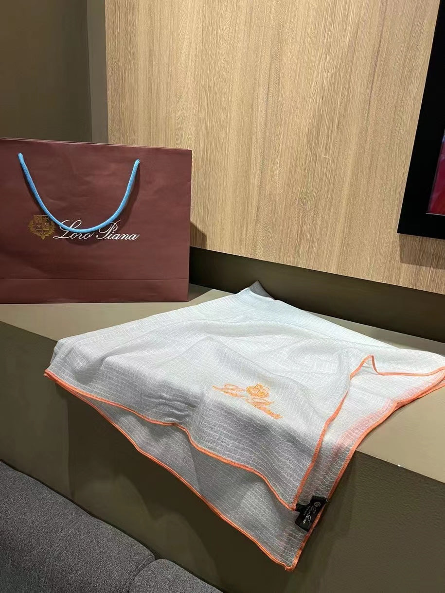 L-Piana 華夫格彩邊水毛刺繡長巾-100%羊絨-90*200cm