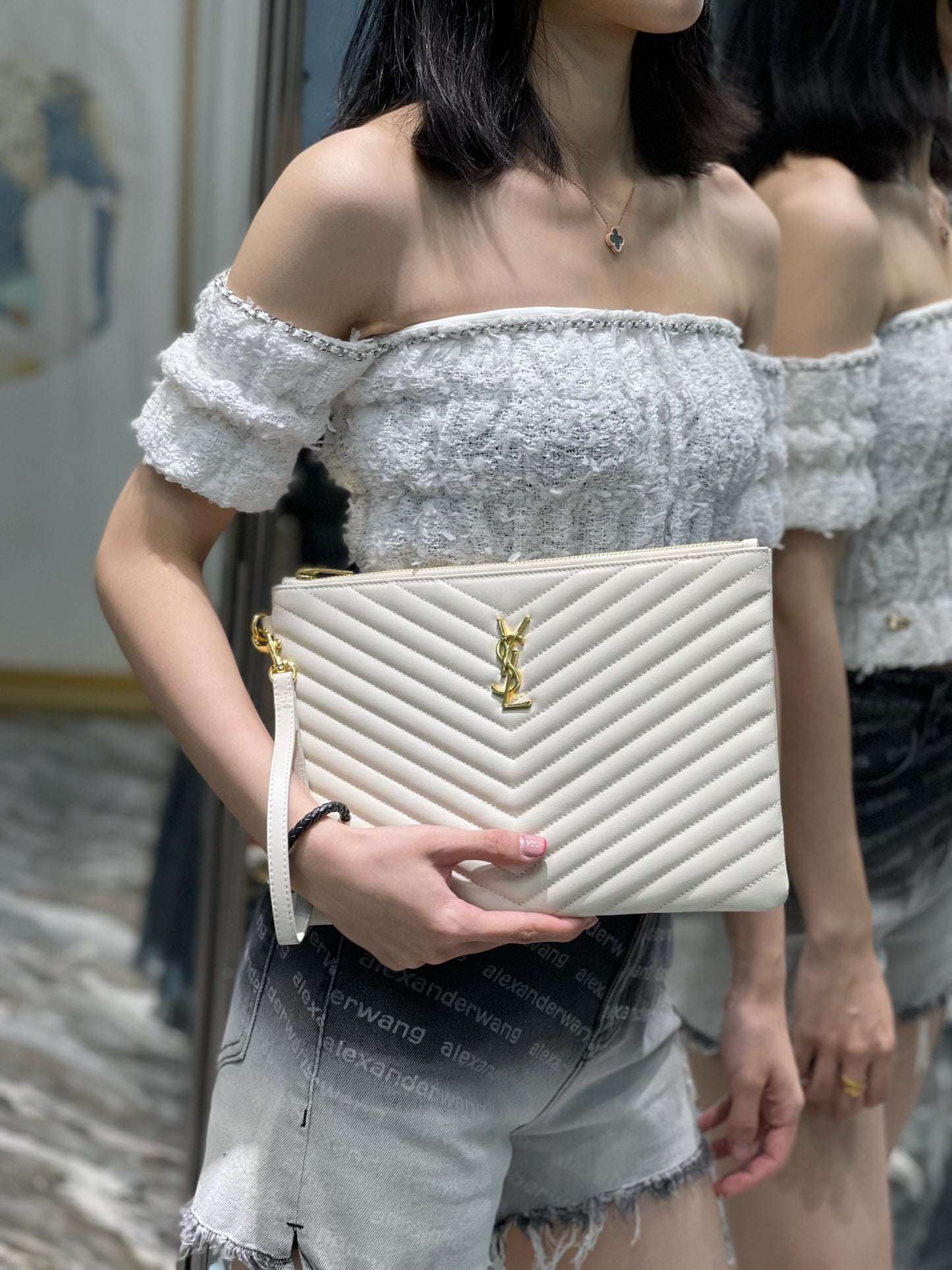 YSL_提花拼接文件手拿包-白色金扣-30cm