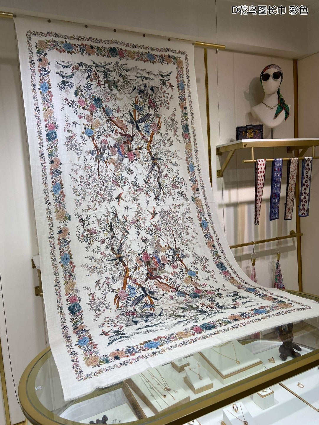 迪D家-花鳥圖長圍巾 110*200cm 100%頂級羊絨 白色