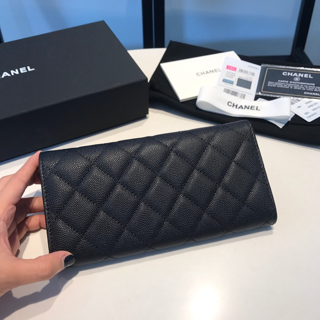 Chanel CF翻蓋長夾-黑色荔枝皮金釦