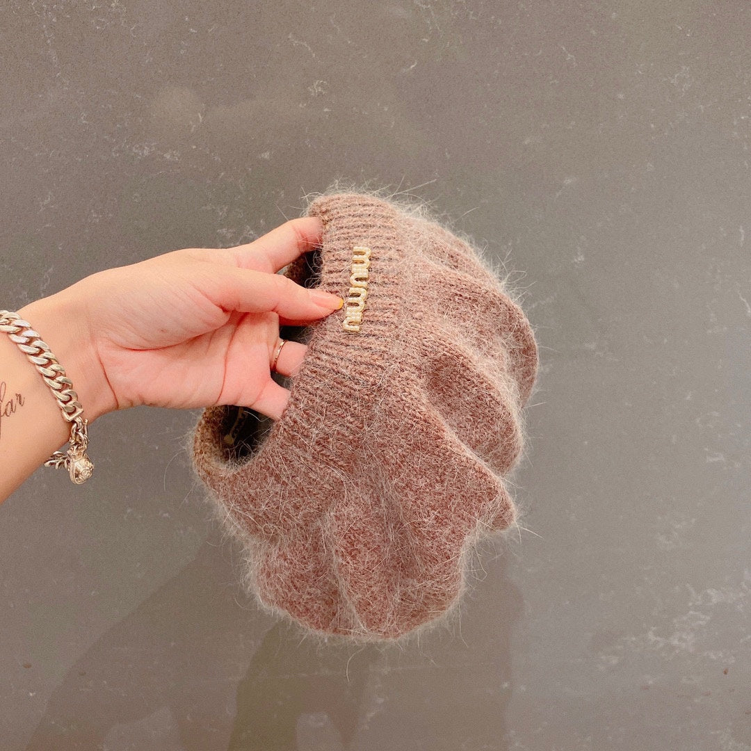 穆M家-兔毛針織貝雷帽 杏色