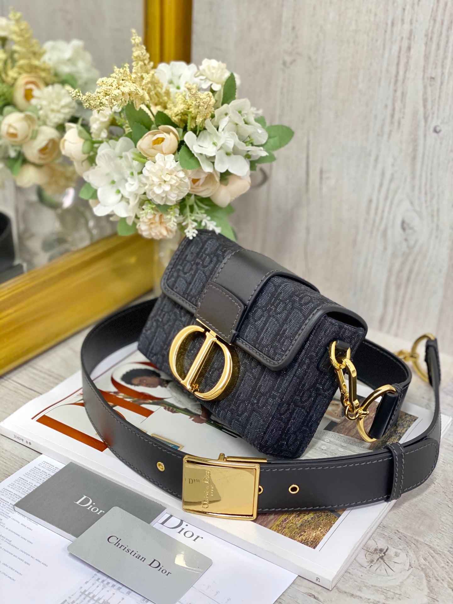 Dior 蒙田 Mini Box-帆布刺繡-金扣-17.5cm-黑