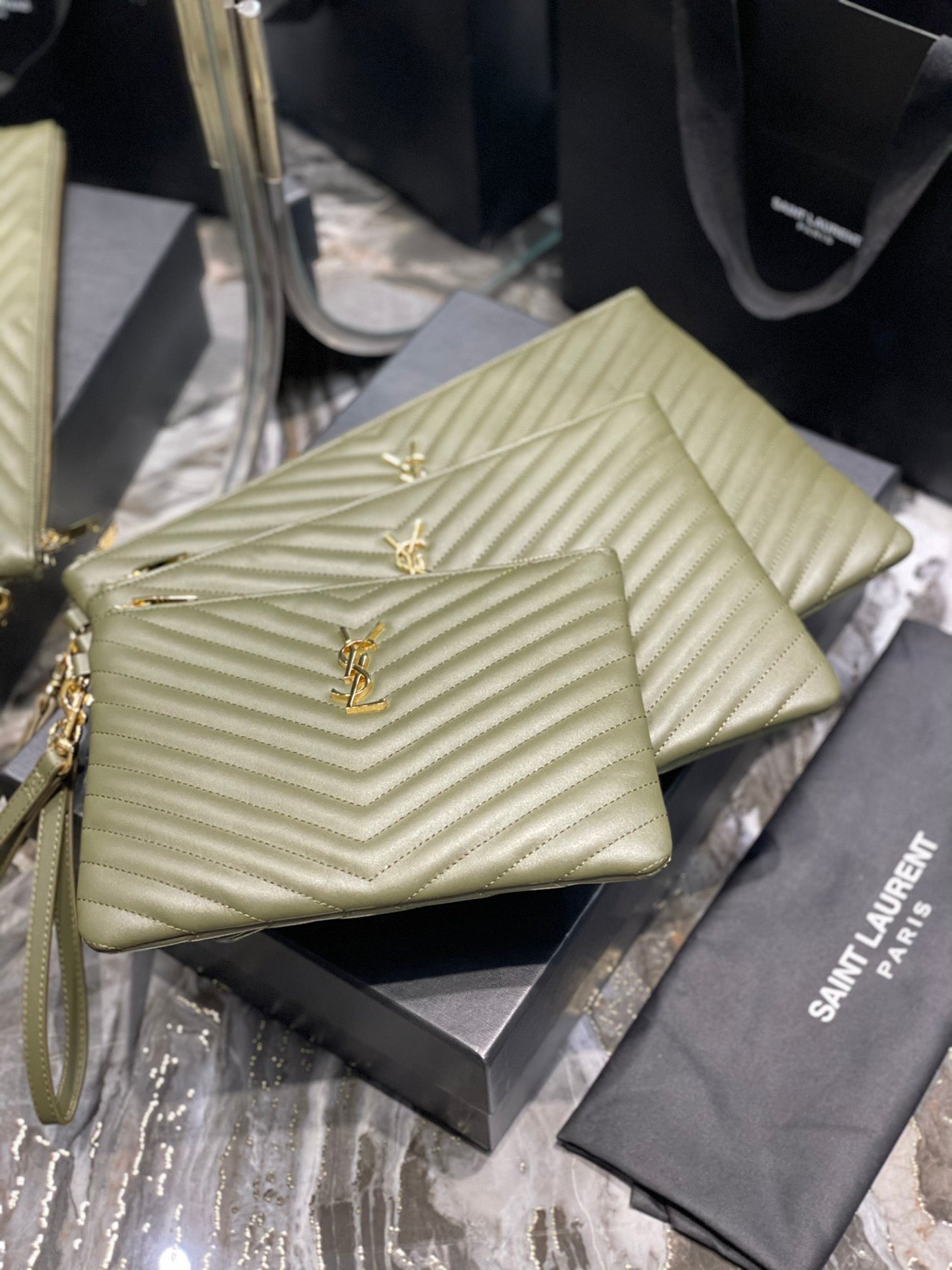 YSL 提花拼接文件手拿包-綠色金扣全尺寸