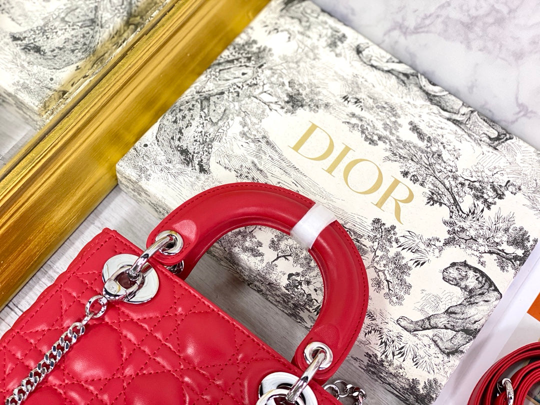 Dior-Mini Lady Dior手袋-三格黛妃-17cm -紅色銀釦