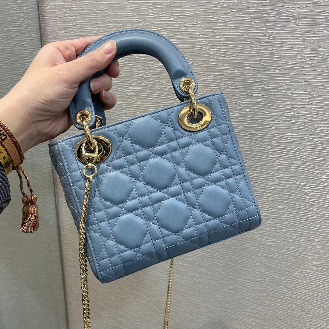 Dior-Mini Lady Dior手袋-三格黛妃-17cm-天藍珐瑯扣