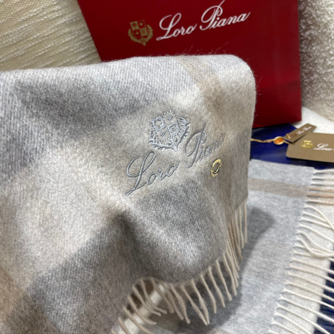 L-Piana-格子圍巾 30*168cm 100%羊絨 灰色