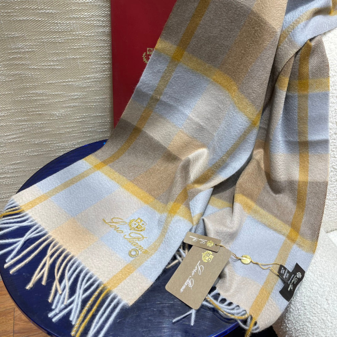 L-Piana-格子圍巾 30*168cm 100%羊絨 藍色