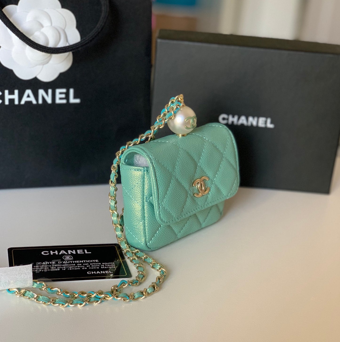 CHANEL 珍珠鏈條零錢包！