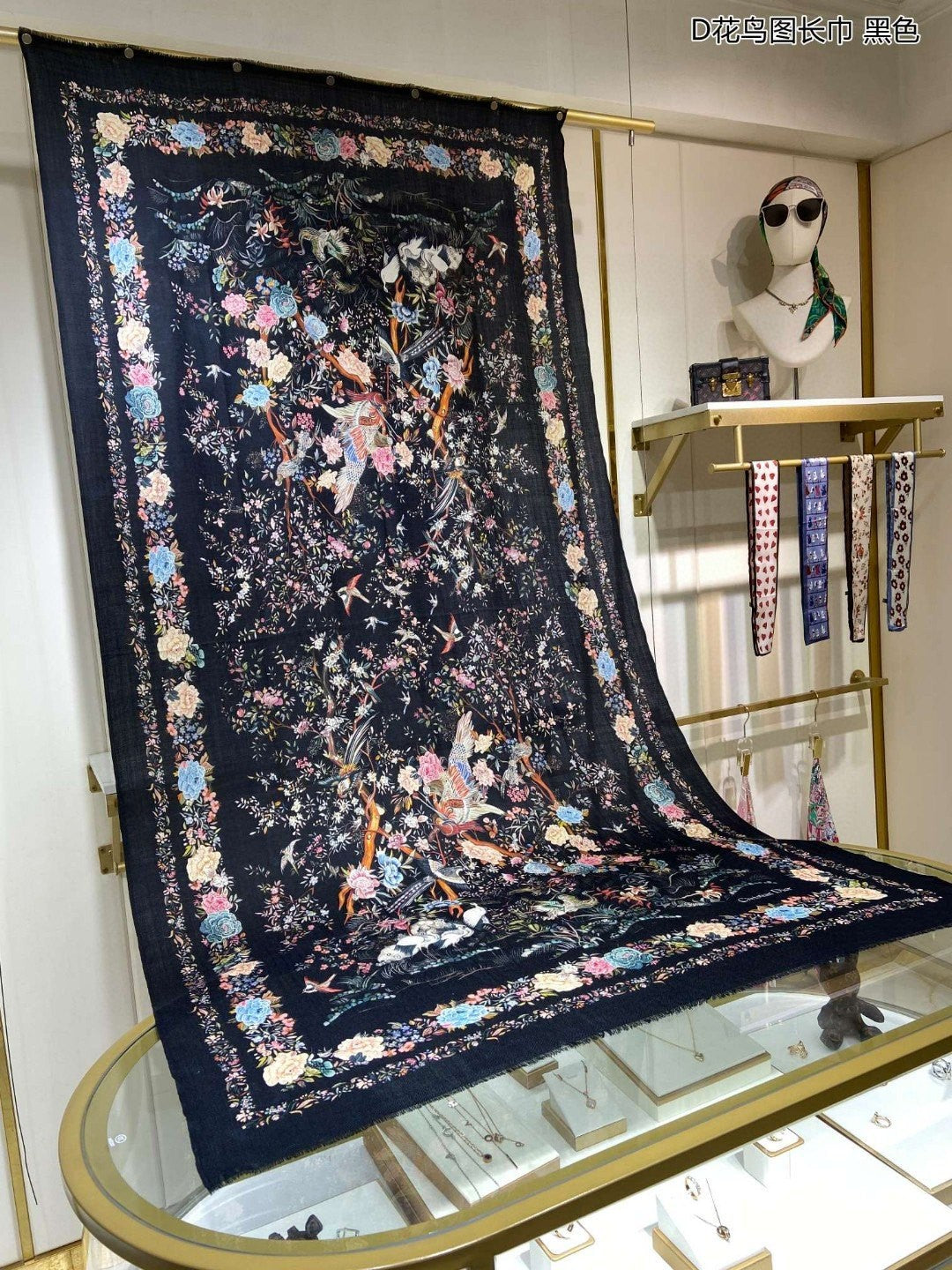 迪D家-花鳥圖長圍巾 110*200cm 100%頂級羊絨 藍色