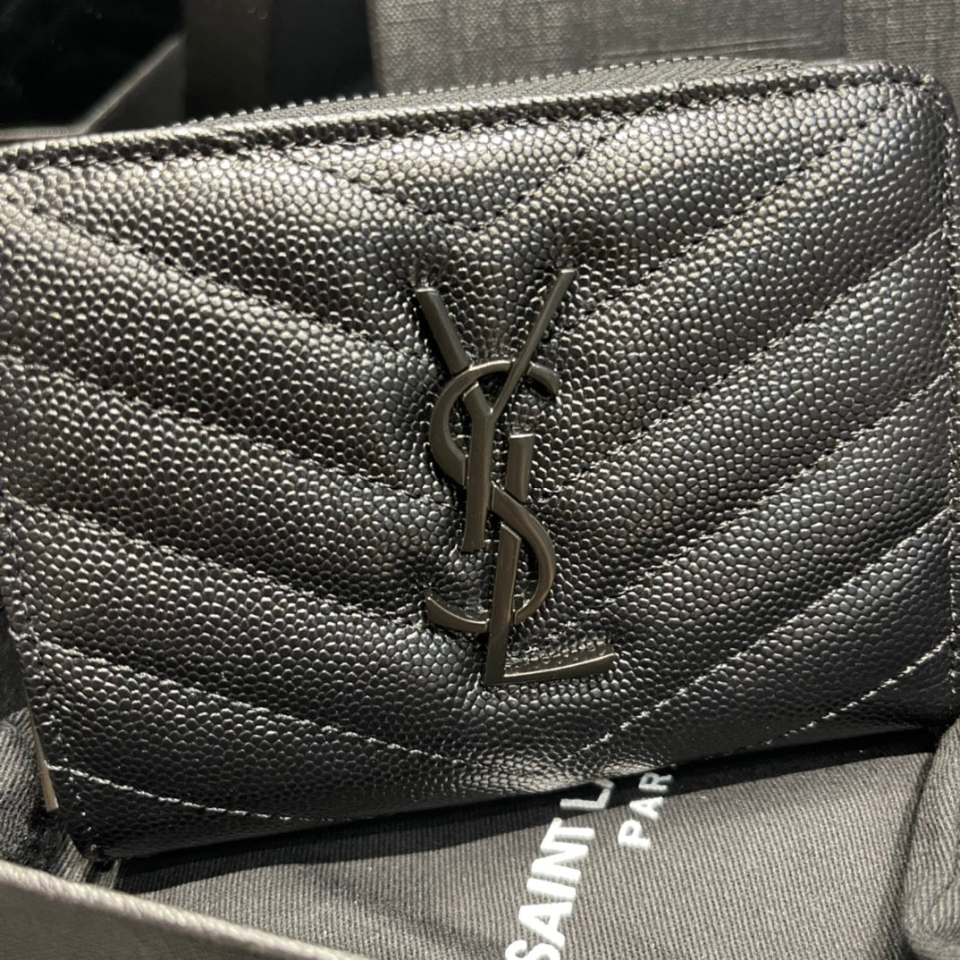 YSL 拉鍊短夾 黑色黑扣
