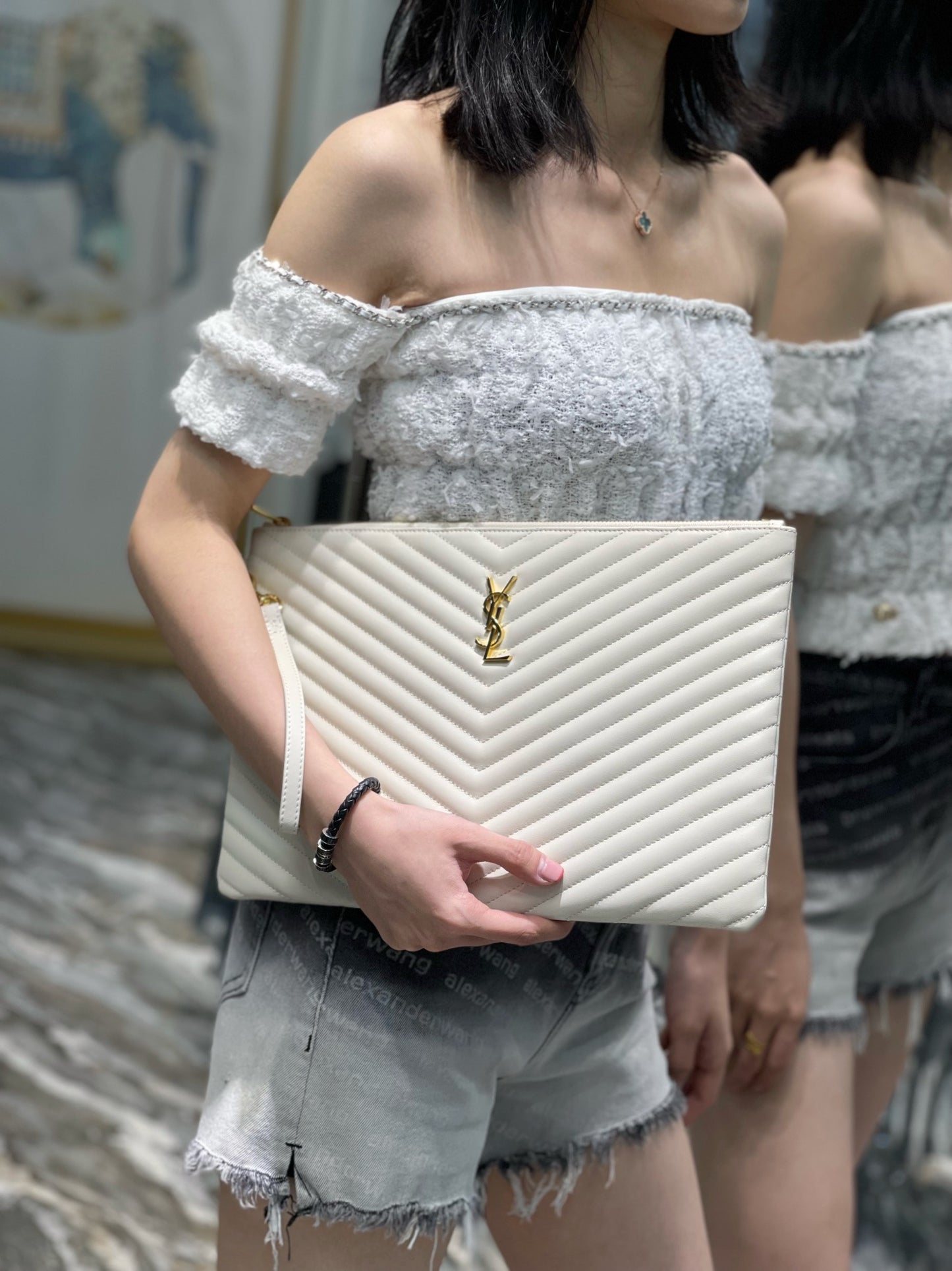 YSL 提花拼接文件手拿包-白色金扣-36cm