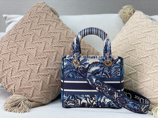 Dior Lady D-Lite黛妃包-帆布刺繡-靛藍棕櫚